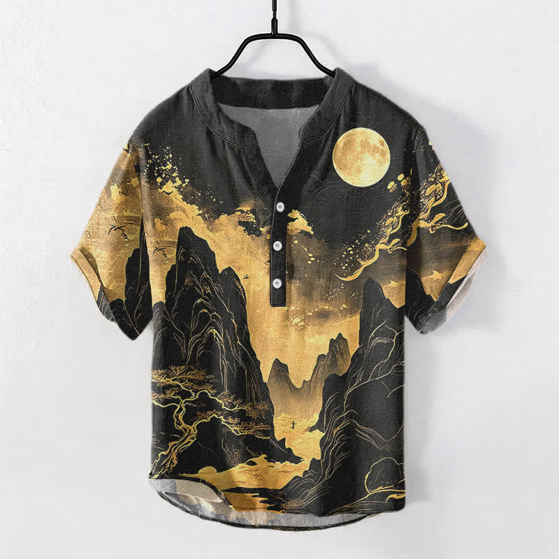 Nimara Ritual Cotton Golden Moon Landscape Pattern Men's Short Sleeve Half Button Shirt