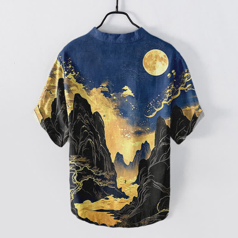 Nimara Ritual Cotton Golden Moon Landscape Pattern Men's Short Sleeve Half Button Shirt