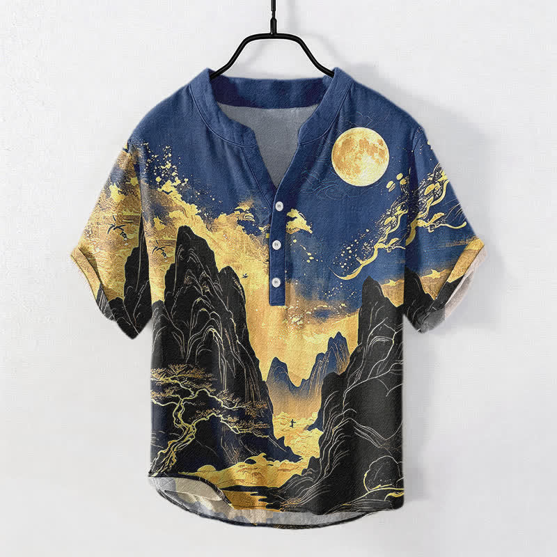 Nimara Ritual Cotton Golden Moon Landscape Pattern Men's Short Sleeve Half Button Shirt
