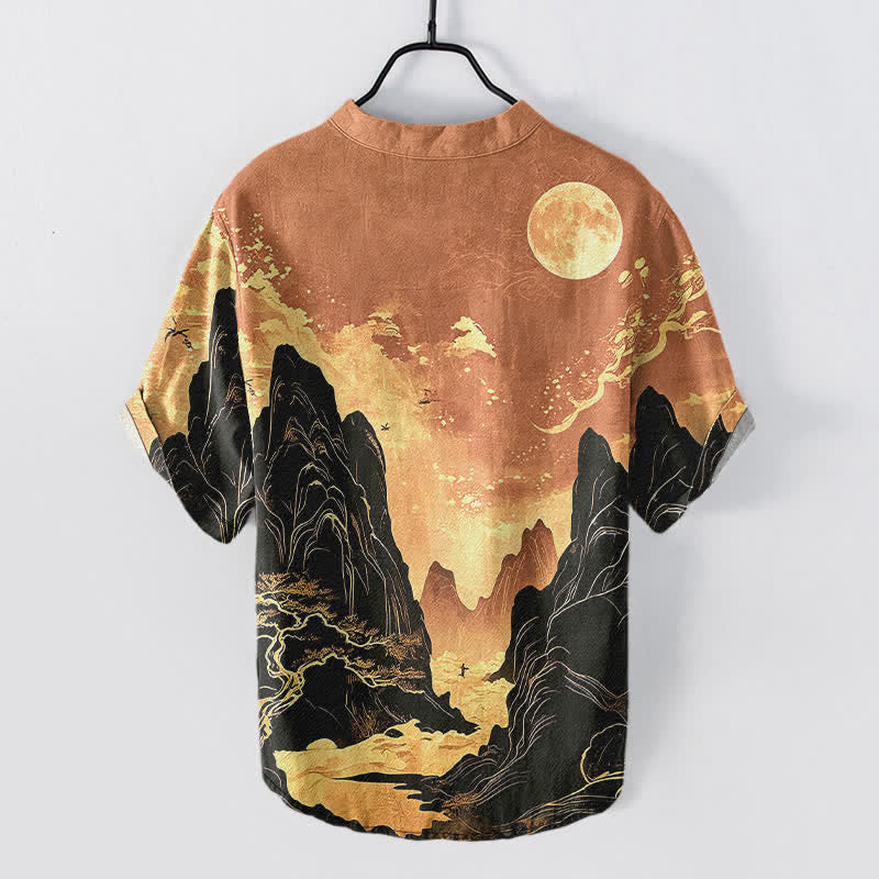 Nimara Ritual Cotton Golden Moon Landscape Pattern Men's Short Sleeve Half Button Shirt