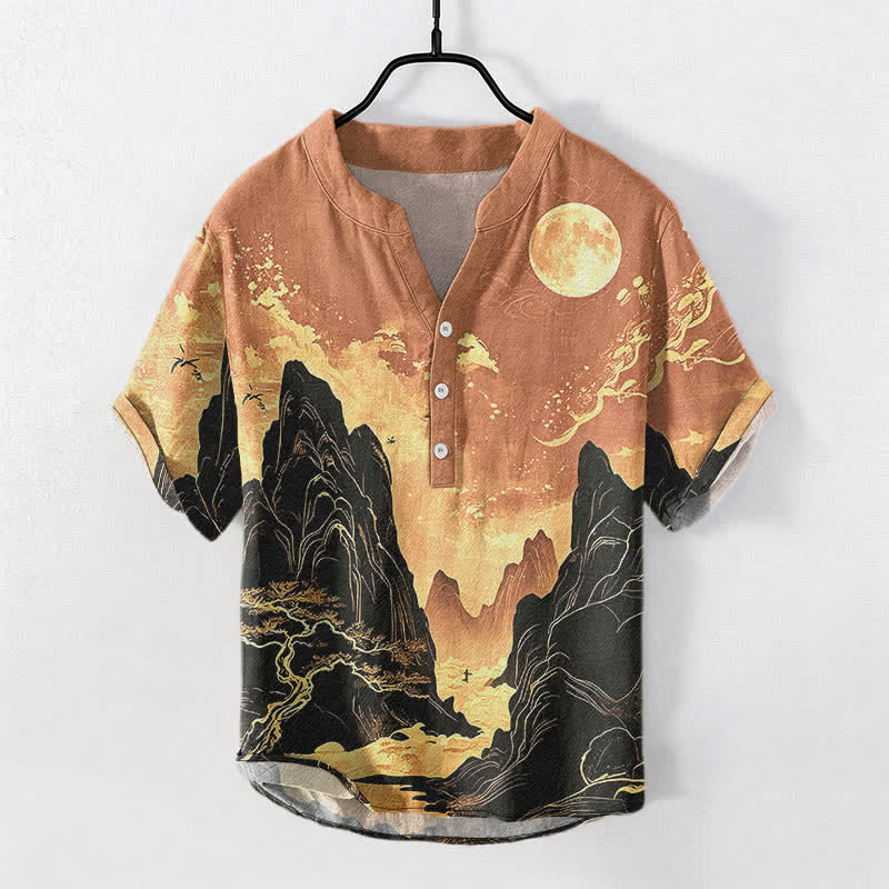Nimara Ritual Cotton Golden Moon Landscape Pattern Men's Short Sleeve Half Button Shirt