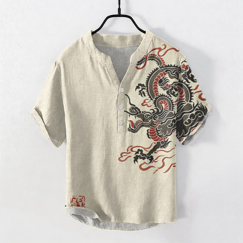 Nimara Ritual Cotton Black Red Dragon Pattern Men's Short Sleeve Half Button Shirt
