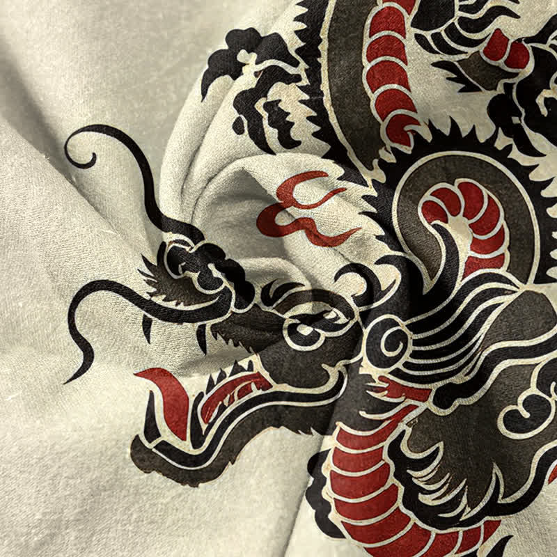 Nimara Ritual Cotton Black Red Dragon Pattern Men's Short Sleeve Half Button Shirt