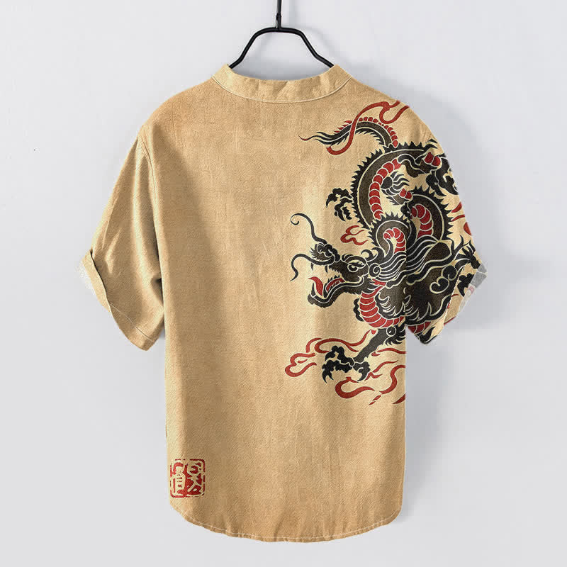 Nimara Ritual Cotton Black Red Dragon Pattern Men's Short Sleeve Half Button Shirt