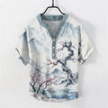 Nimara Ritual Cotton Ink Wash Mountain Plum Pattern Half Button Men's Short Sleeve Shirt