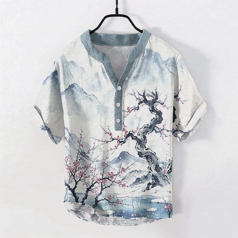 Nimara Ritual Cotton Ink Wash Mountain Plum Pattern Half Button Men's Short Sleeve Shirt