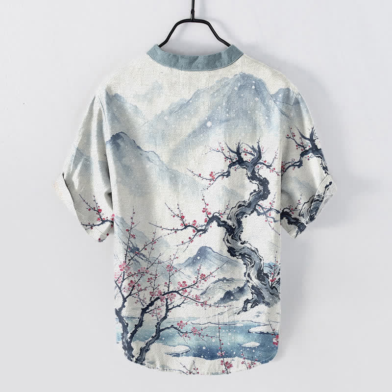 Nimara Ritual Cotton Ink Wash Mountain Plum Pattern Half Button Men's Short Sleeve Shirt