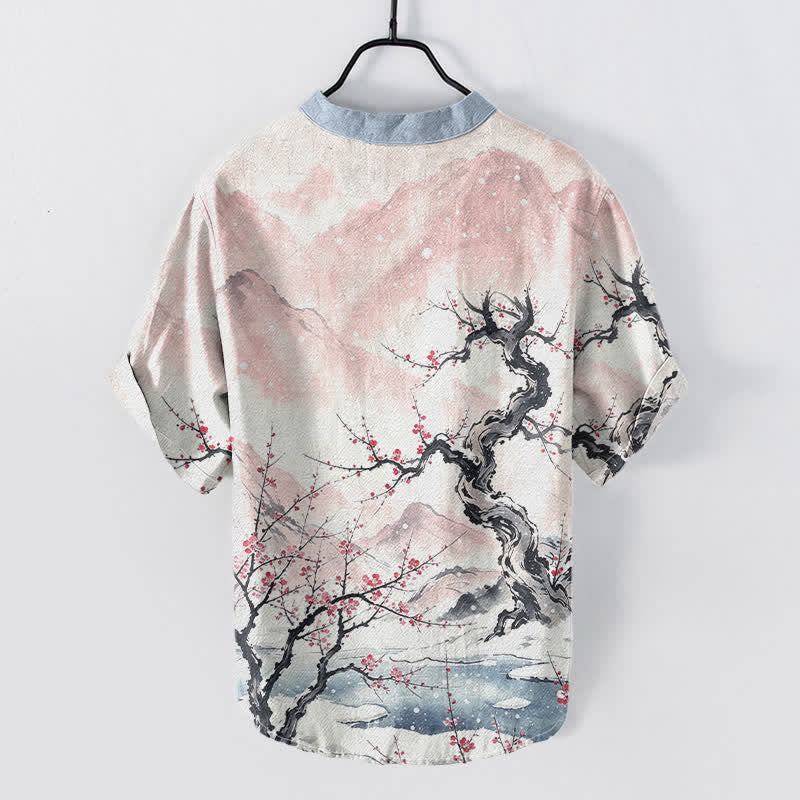 Nimara Ritual Cotton Ink Wash Mountain Plum Pattern Half Button Men's Short Sleeve Shirt