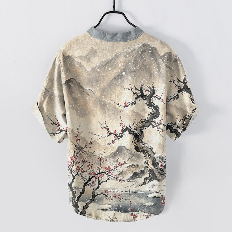 Nimara Ritual Cotton Ink Wash Mountain Plum Pattern Half Button Men's Short Sleeve Shirt