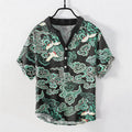 Nimara Ritual Cotton Mint Cloud Crane Pattern Men's Short Sleeve Half Button Shirt