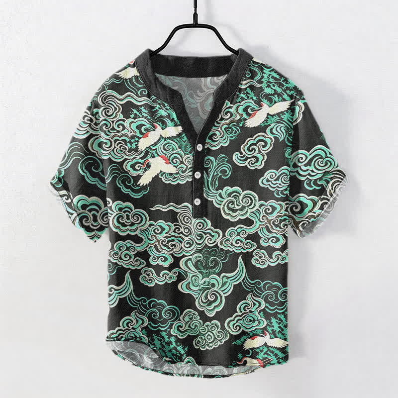 Nimara Ritual Cotton Mint Cloud Crane Pattern Men's Short Sleeve Half Button Shirt