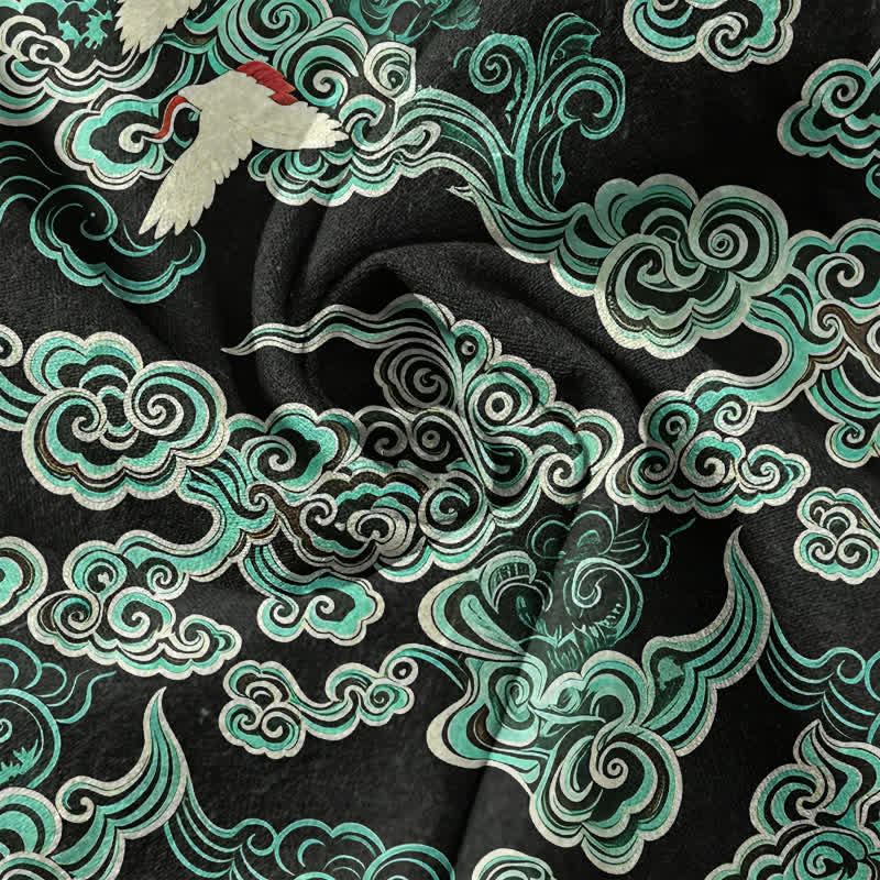 Nimara Ritual Cotton Mint Cloud Crane Pattern Men's Short Sleeve Half Button Shirt