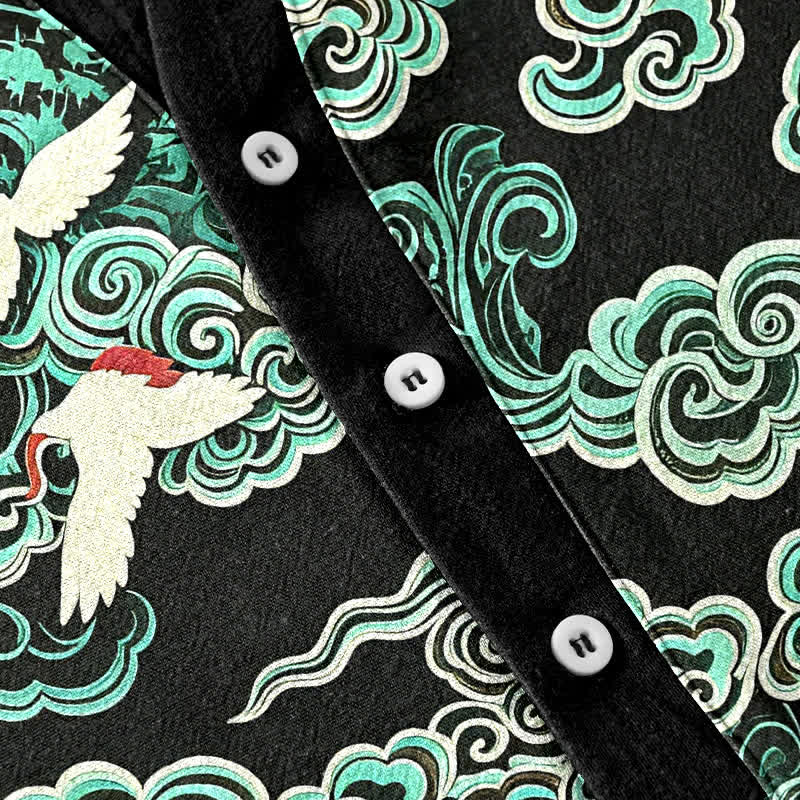Nimara Ritual Cotton Mint Cloud Crane Pattern Men's Short Sleeve Half Button Shirt