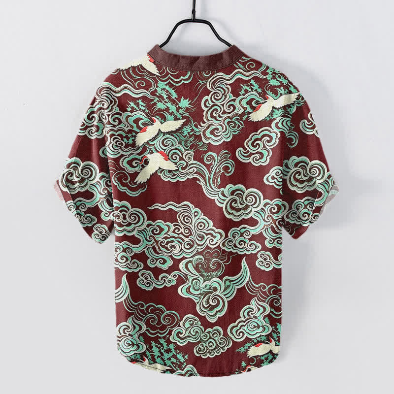 Nimara Ritual Cotton Mint Cloud Crane Pattern Men's Short Sleeve Half Button Shirt