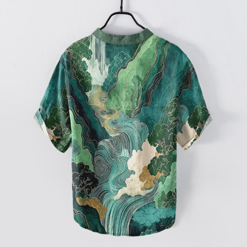 Nimara Ritual Cotton Oriental Ink Landscape Pattern Men's Short Sleeve Half Button Shirt
