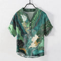 Nimara Ritual Cotton Oriental Ink Landscape Pattern Men's Short Sleeve Half Button Shirt