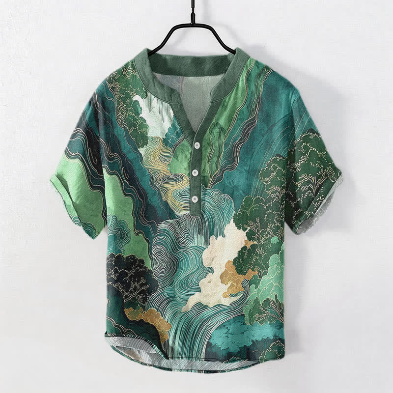 Nimara Ritual Cotton Oriental Ink Landscape Pattern Men's Short Sleeve Half Button Shirt