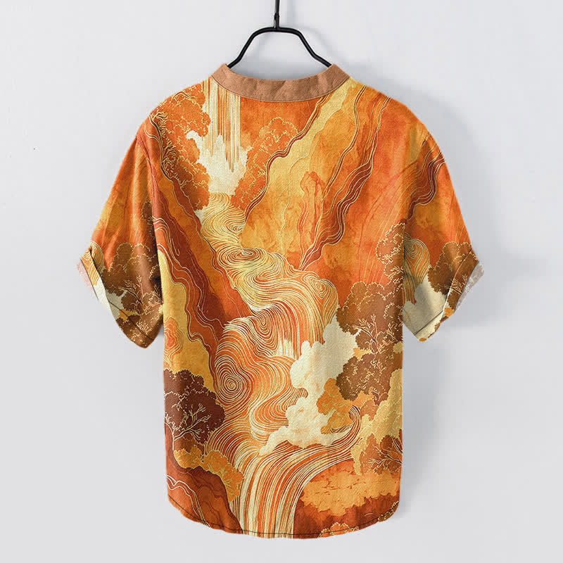 Nimara Ritual Cotton Oriental Ink Landscape Pattern Men's Short Sleeve Half Button Shirt