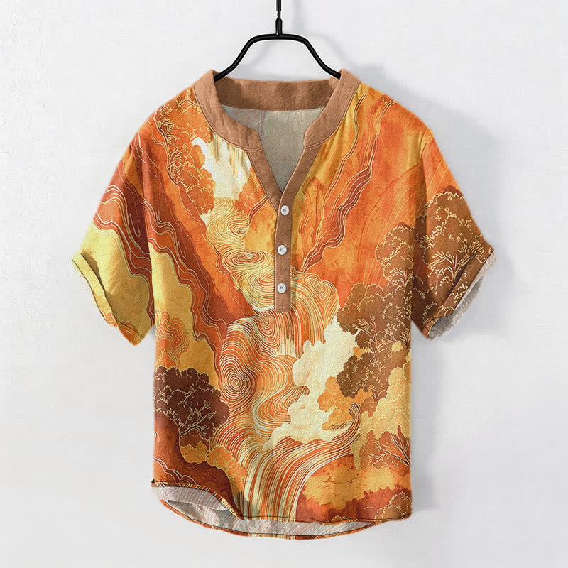 Nimara Ritual Cotton Oriental Ink Landscape Pattern Men's Short Sleeve Half Button Shirt