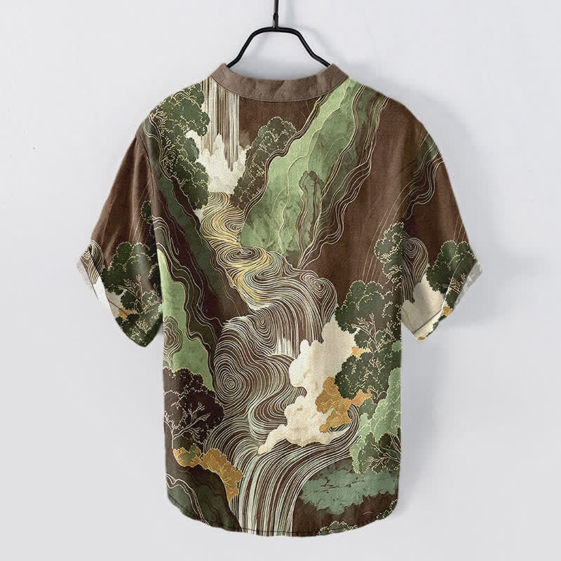 Nimara Ritual Cotton Oriental Ink Landscape Pattern Men's Short Sleeve Half Button Shirt