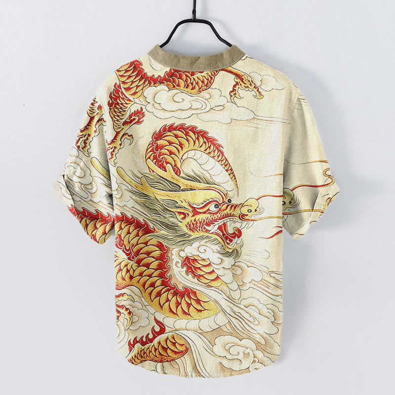 Nimara Ritual Cotton Golden Dragon Pattern Men's Short Sleeve Half Button Shirt