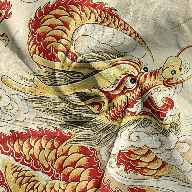 Nimara Ritual Cotton Golden Dragon Pattern Men's Short Sleeve Half Button Shirt