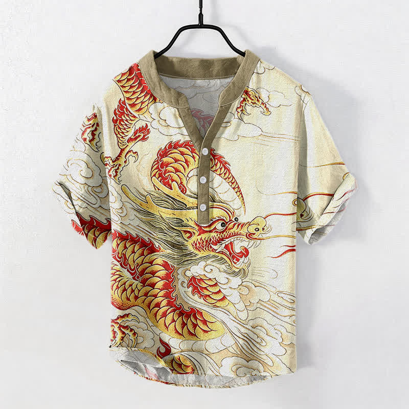 Nimara Ritual Cotton Golden Dragon Pattern Men's Short Sleeve Half Button Shirt