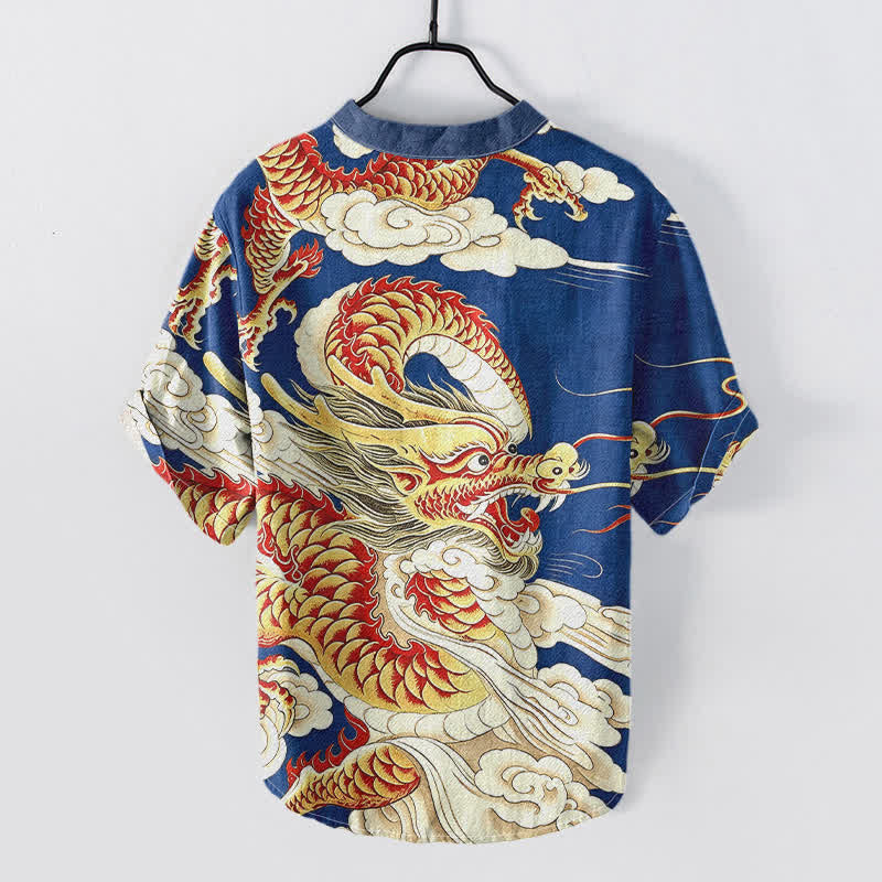 Nimara Ritual Cotton Golden Dragon Pattern Men's Short Sleeve Half Button Shirt