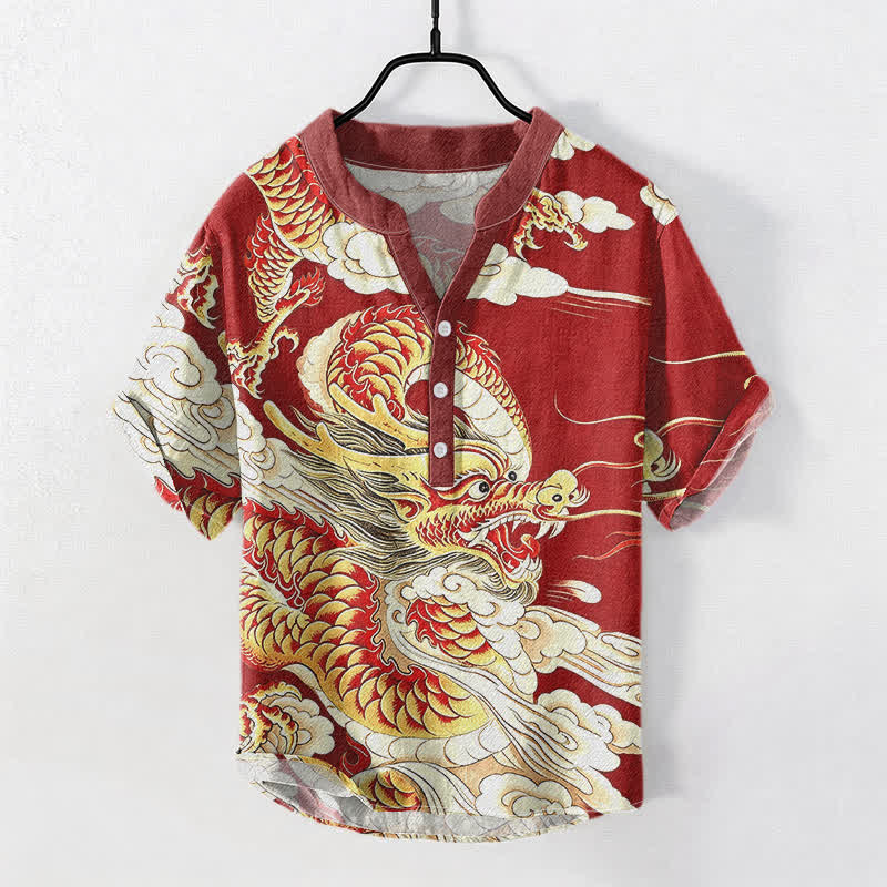 Nimara Ritual Cotton Golden Dragon Pattern Men's Short Sleeve Half Button Shirt