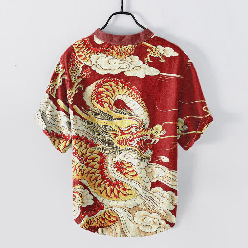 Nimara Ritual Cotton Golden Dragon Pattern Men's Short Sleeve Half Button Shirt