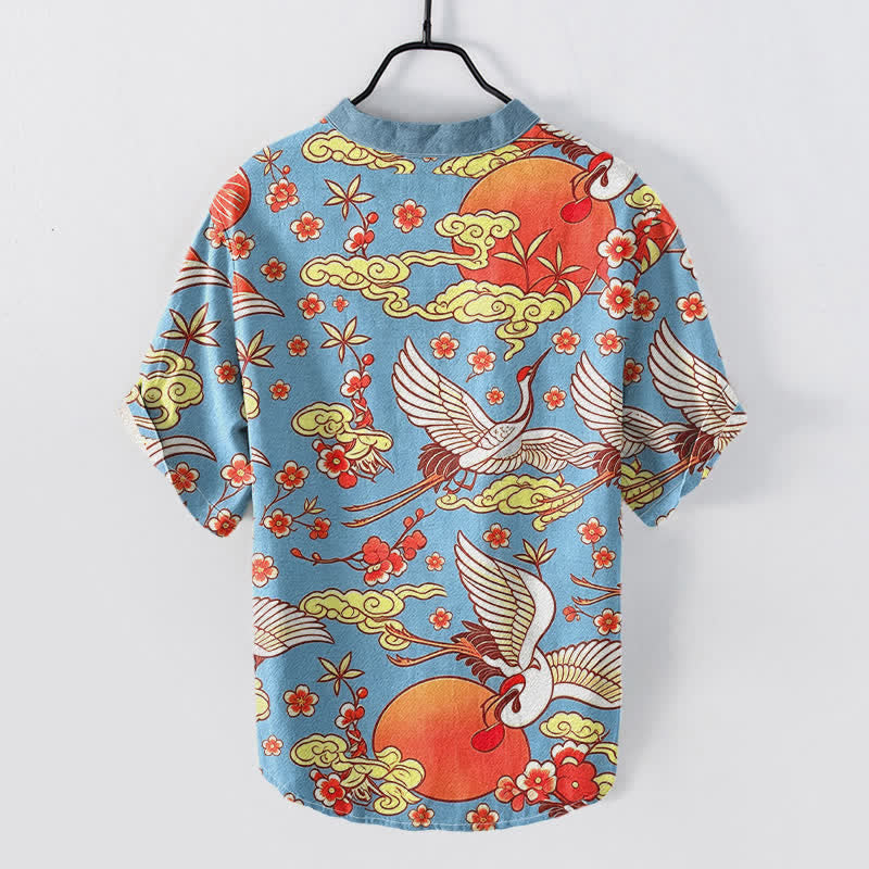 Nimara Ritual Pure Cotton Crane Sun Cloud Floral Pattern Men's Short Sleeve Half Button Shirt