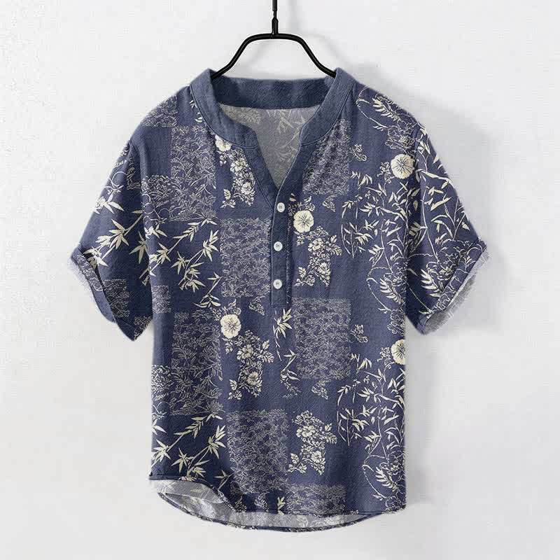 Nimara Ritual Cotton Bamboo Floral Patchwork Pattern Men's Short Sleeve Half Button Shirt