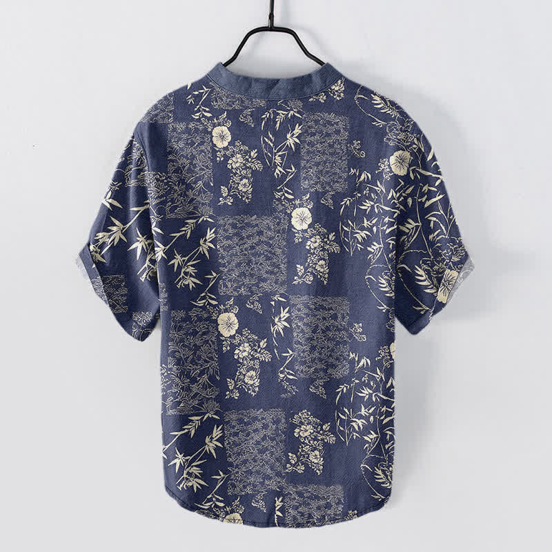 Nimara Ritual Cotton Bamboo Floral Patchwork Pattern Men's Short Sleeve Half Button Shirt