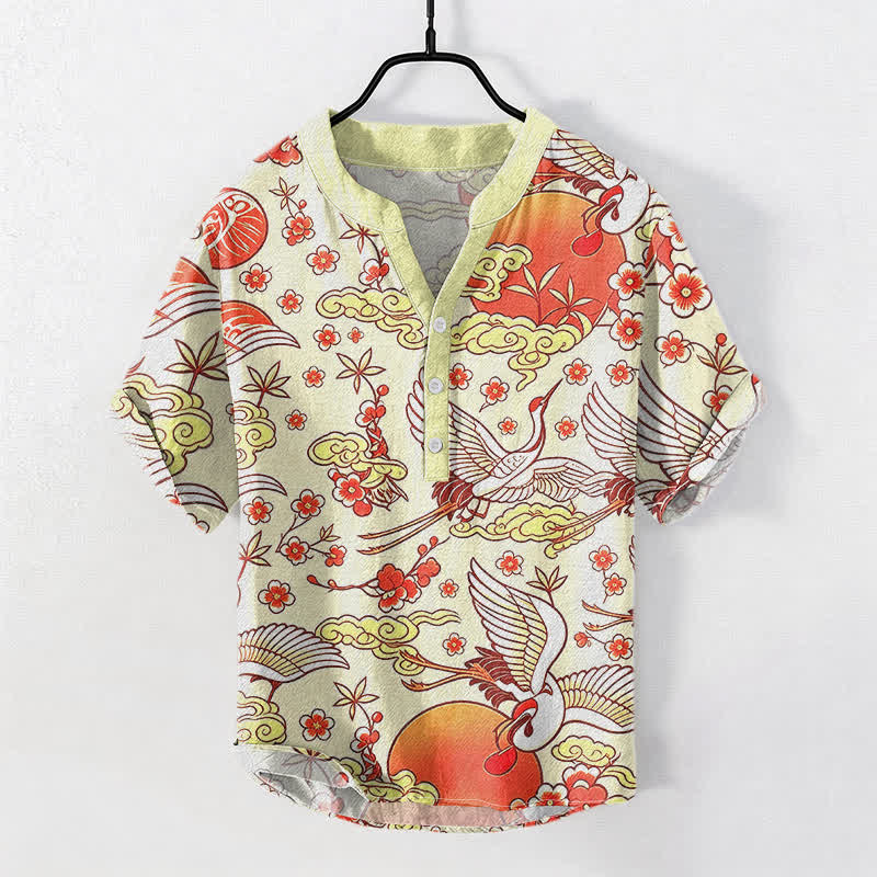 Nimara Ritual Pure Cotton Crane Sun Cloud Floral Pattern Men's Short Sleeve Half Button Shirt