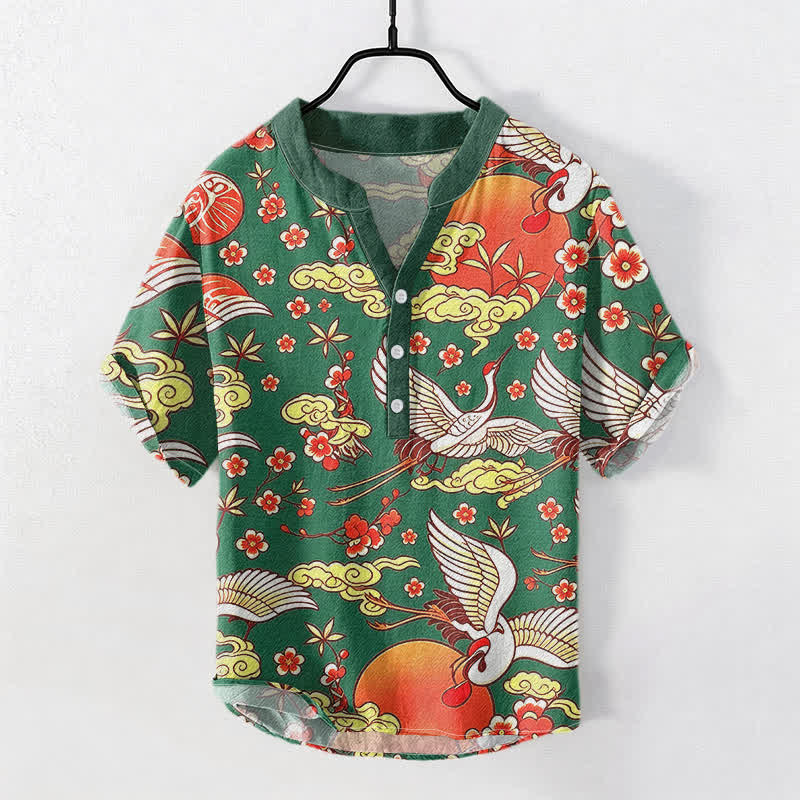 Nimara Ritual Pure Cotton Crane Sun Cloud Floral Pattern Men's Short Sleeve Half Button Shirt
