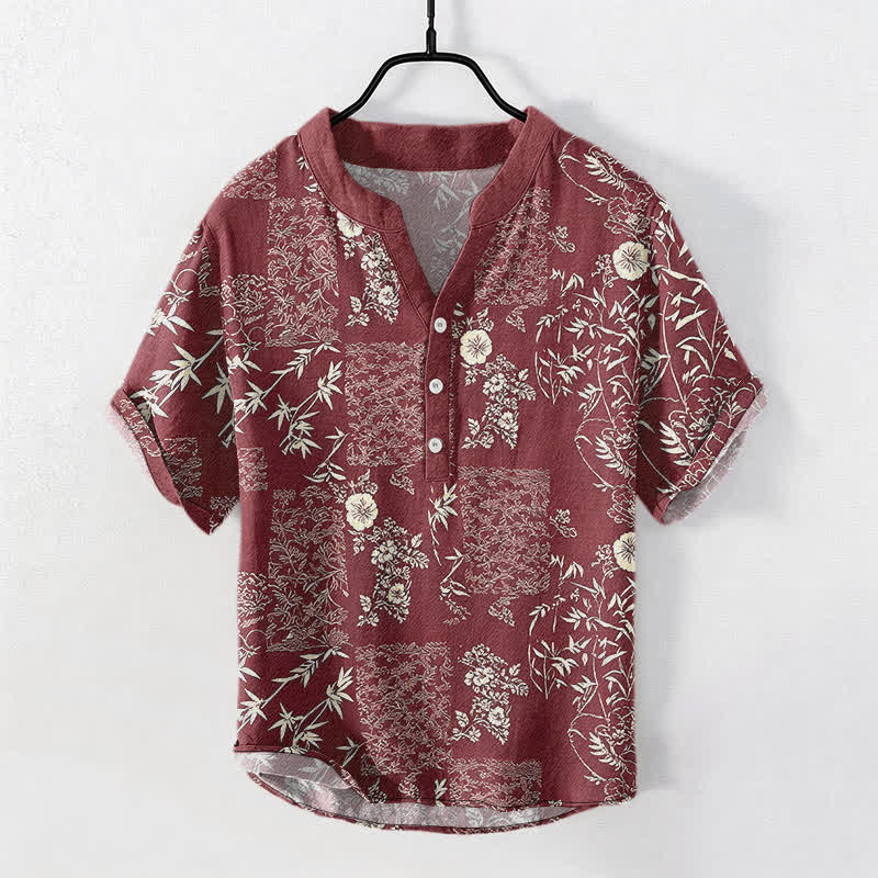 Nimara Ritual Cotton Bamboo Floral Patchwork Pattern Men's Short Sleeve Half Button Shirt