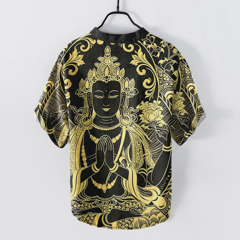 Nimara Ritual Cotton Golden Buddha Icon Pattern Men's Short Sleeve Half Button Shirt