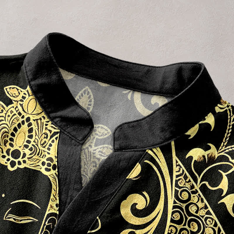 Nimara Ritual Cotton Golden Buddha Icon Pattern Men's Short Sleeve Half Button Shirt
