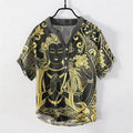 Nimara Ritual Cotton Golden Buddha Icon Pattern Men's Short Sleeve Half Button Shirt
