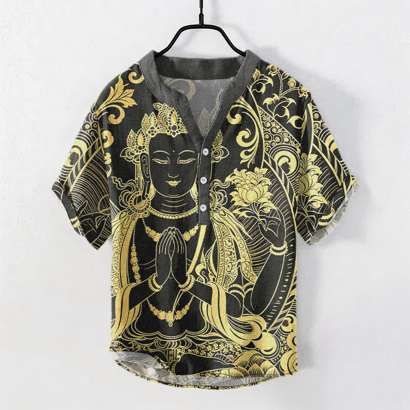Nimara Ritual Cotton Golden Buddha Icon Pattern Men's Short Sleeve Half Button Shirt
