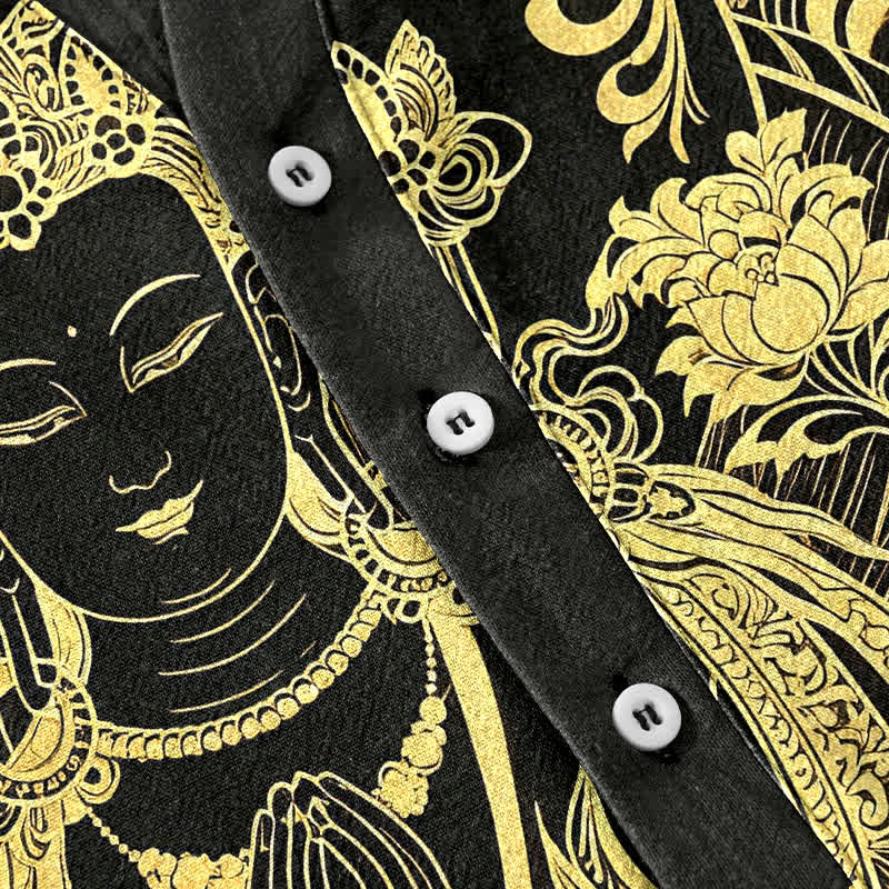 Nimara Ritual Cotton Golden Buddha Icon Pattern Men's Short Sleeve Half Button Shirt
