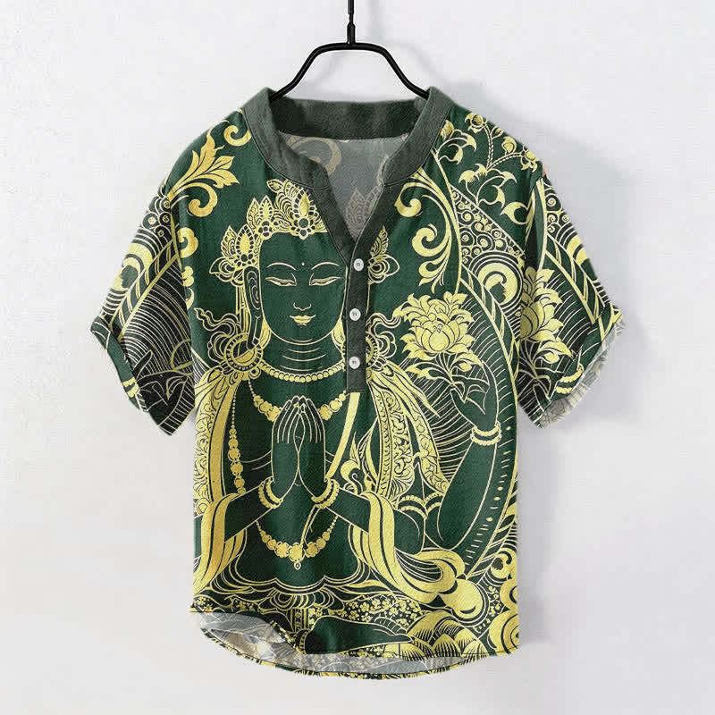 Nimara Ritual Cotton Golden Buddha Icon Pattern Men's Short Sleeve Half Button Shirt