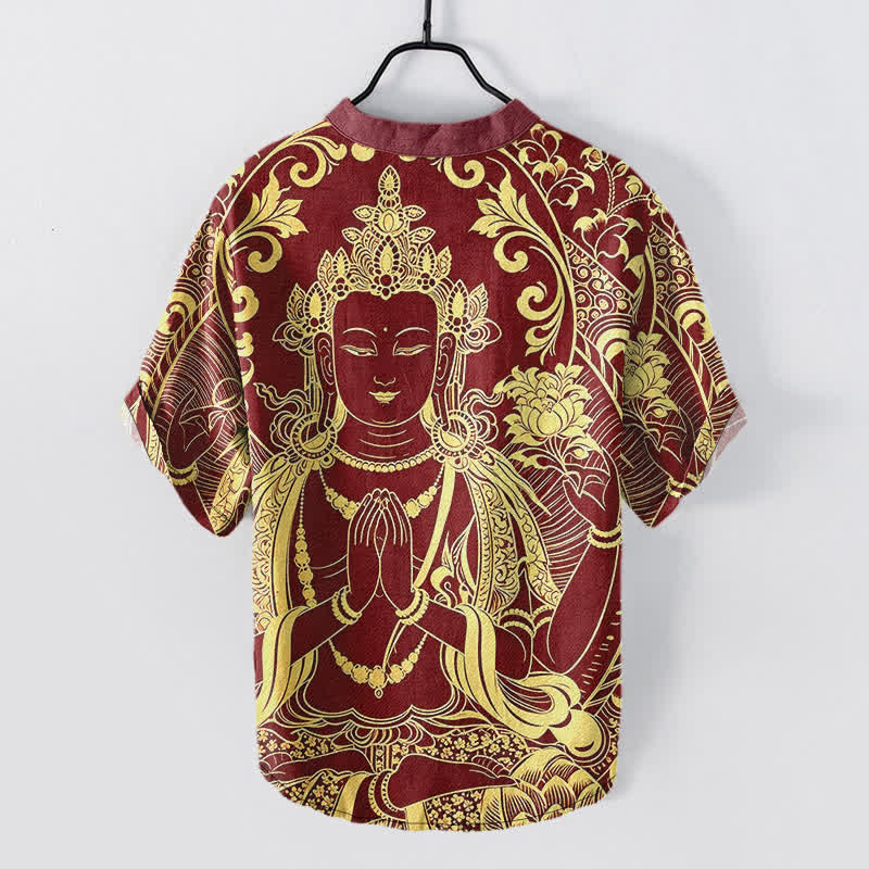 Nimara Ritual Cotton Golden Buddha Icon Pattern Men's Short Sleeve Half Button Shirt