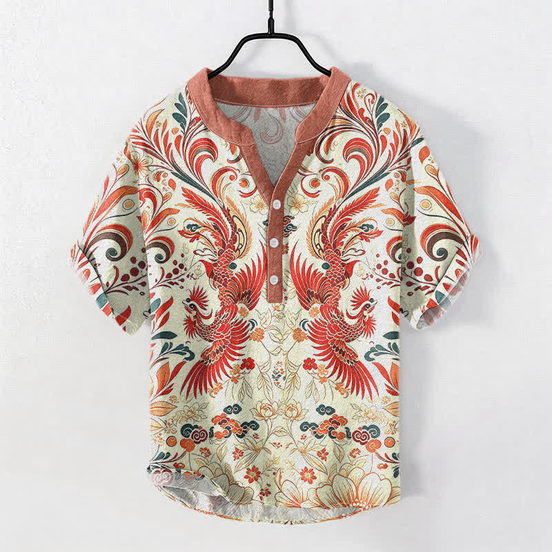 Nimara Ritual Cotton Symmetrical Phoenix Floral Pattern Men's Short Sleeve Half Button Shirt
