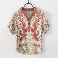 Nimara Ritual Cotton Symmetrical Phoenix Floral Pattern Men's Short Sleeve Half Button Shirt