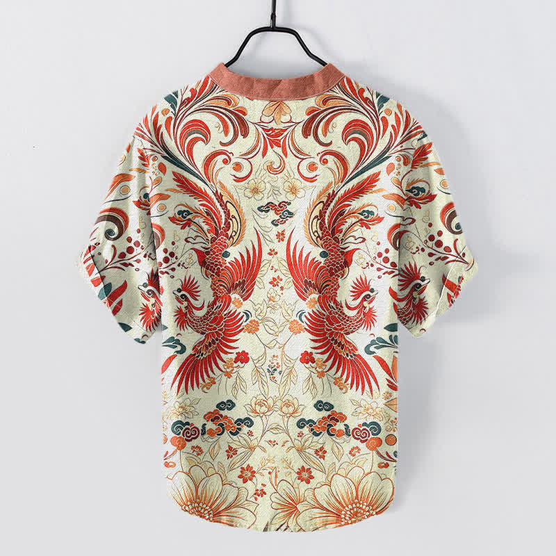 Nimara Ritual Cotton Symmetrical Phoenix Floral Pattern Men's Short Sleeve Half Button Shirt