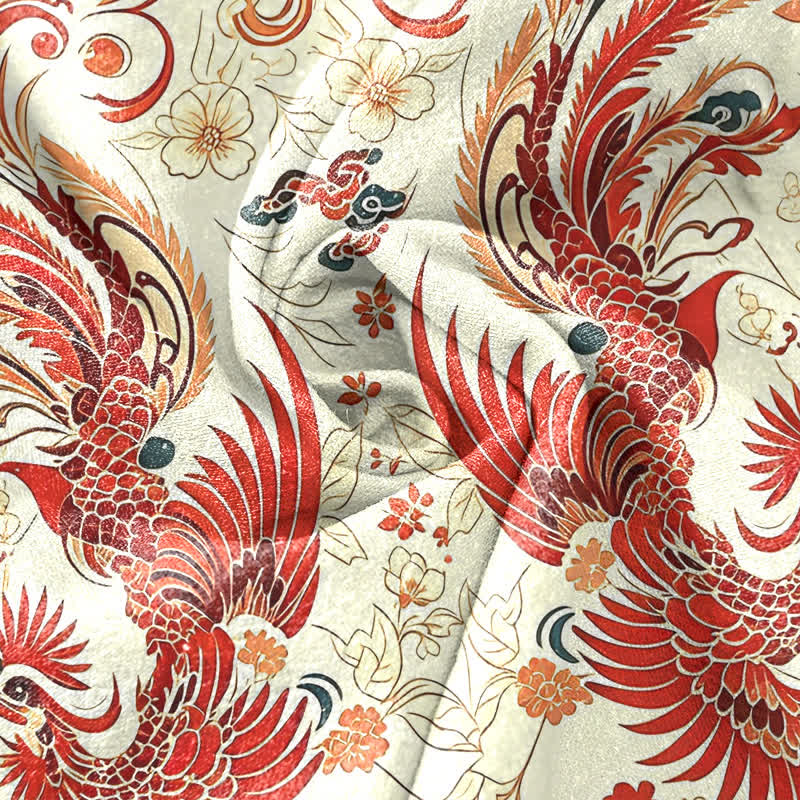 Nimara Ritual Cotton Symmetrical Phoenix Floral Pattern Men's Short Sleeve Half Button Shirt