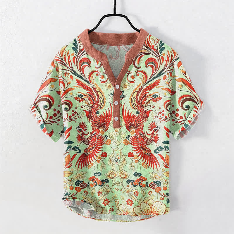Nimara Ritual Cotton Symmetrical Phoenix Floral Pattern Men's Short Sleeve Half Button Shirt