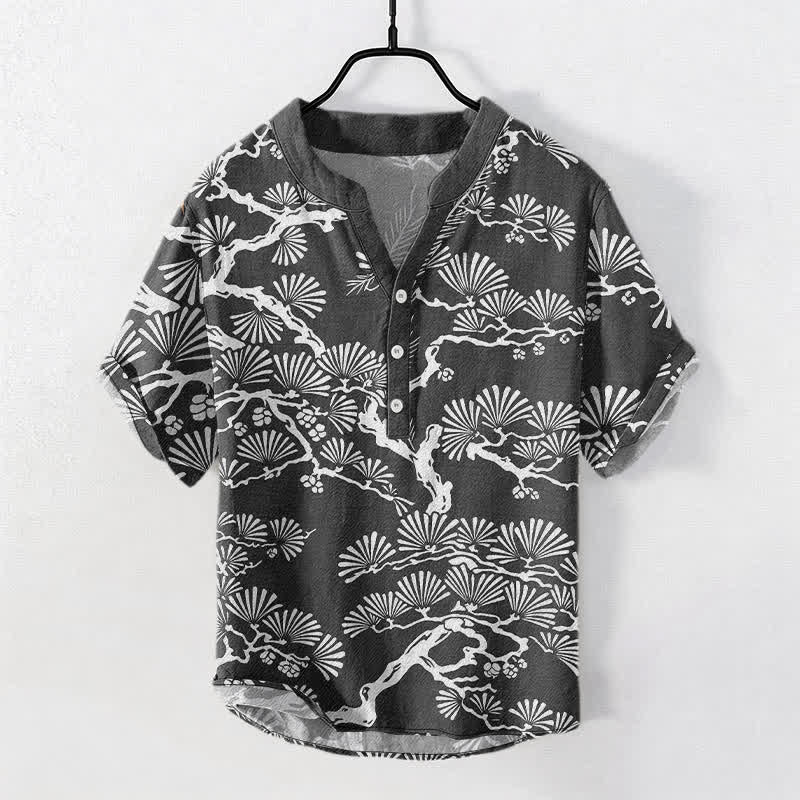 Nimara Ritual Cotton White Pine Needle Botanical Pattern Men's Short Sleeve Half Button Shirt