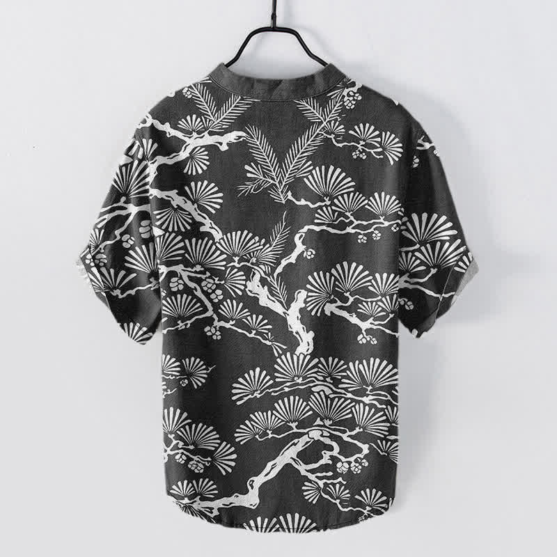 Nimara Ritual Cotton White Pine Needle Botanical Pattern Men's Short Sleeve Half Button Shirt